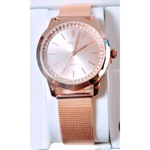 Lucy K Rose Gold Mesh Band Crystal Bezel Quartz Watch Women Easy Adjust Bracelet